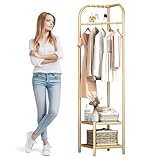 Pasocel Corner Hall Tree, Corner Coat Rack with Bench and Shoe Storage, Freestanding Corner Clothes Rack Storage Organizer for Entryway, Bedroom,Living Room,Bathroom, Gold