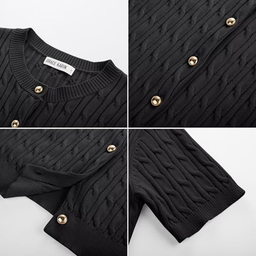 Image of GRACE KARIN Short Sleeve Cardigans Sweater for Women Black Cable Knit Button Up Fall Cardigan Dressy Casual Shrug S