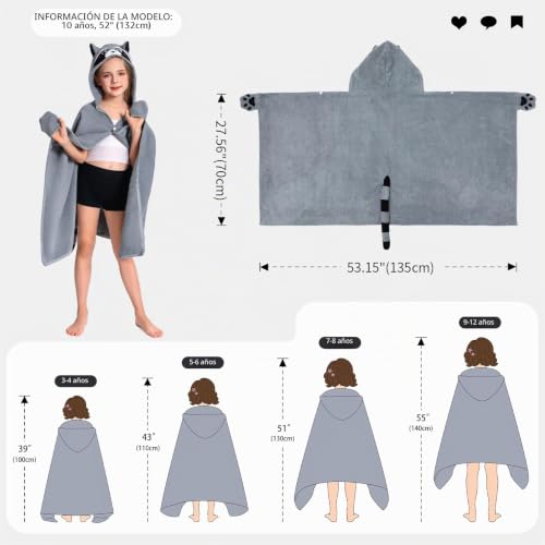 Miniatura 2 de Olaola Toalla De Baño Con Capucha Para Niños, Toallas De Playa Microfibra Suave Para Nadar Surfear, Poncho De Baño Para Niños Y Niñas De 3 A 12 Años Mapache