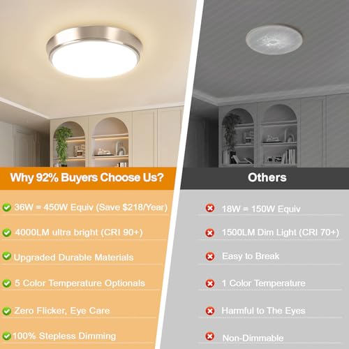 Image of 13 Inch 36W Dimmable Flush Mount LED Ceiling Lights, 5CCT (2700K-6500K) Adjustable & 4000LM Super Bright LED Ceiling Light Fixtures, Brushed Nickel Modern Ceiling Lamp for Bathroom Hallway, 2-Pack