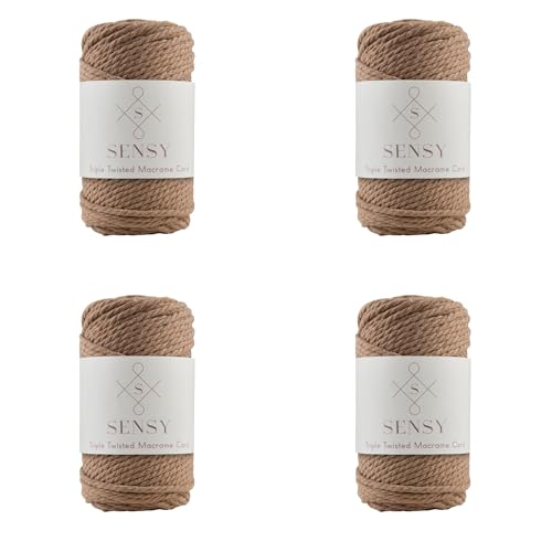 Sensy Premium Macrame Cord - 4 Skeins of 3mm 100% Cotton, 245 Feet, 3 Strand Twisted, Macrame Rope (Latte)