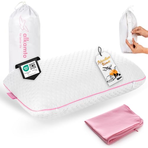 Image of alkamto Travel & Camping Comfortable Memory Foam Pillow - Easy to Carry Portable Bag - Temperature Regulating Pillow Case (Pink + Extra Cover)