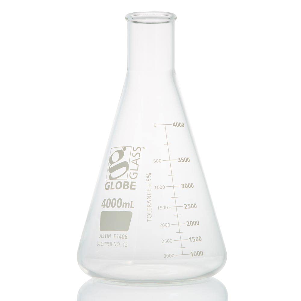 Globe Glass, Erlenmeyer Flask, 4000mL, Heavy Duty, Narrow Mouth, Dual Graduations, ASTM E1406, 1/Box
