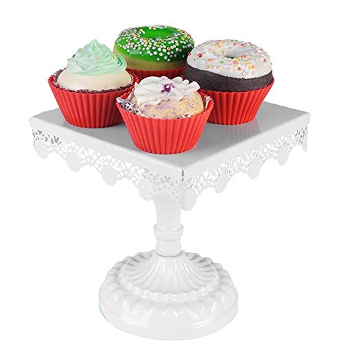BAKAJI Portatorta Alzatina Quadrata Alzata in Metallo con Decorazione Bordo Porta Torta Cupcake Muffin Pasticcini Alzata per Presentazione Dolci Feste Cerimonie Centro Tavola (16 x 16 cm)