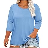Keepink Damen Tops Übergröße Damen 3/4 Ärmel T-Shirt Einfarbig Sommer Tees Rundhals Oversized T-Shirts Klassisch Casual Loose Fit Bluse Langes Top zum Tragen mit Leggings, 1 hellblau, XL