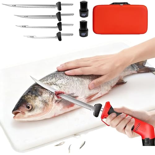 Troqullium Cuchillo eléctrico for filetear con 4 cuchillas antiadherentes de movimiento alternativo, mango antideslizante, ideal for cortar carne, filetear pescado, pan y pavo.