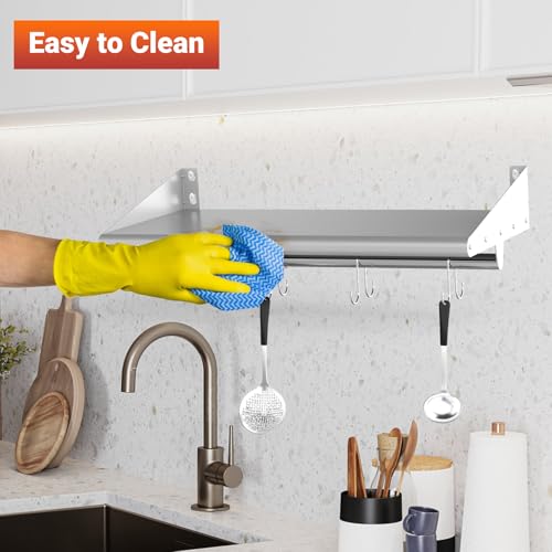 Image of Skyflame 12 inch x 24 inch Stainless Steel Wall Mounted Shelf with 4 Hooks