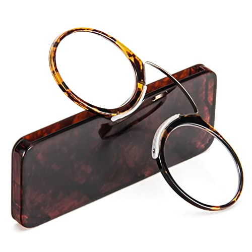 REAVEE Ultra Thin Armless Reading Glasses for Men Women, No Temple Pinch Nose Clip on Readers Small Pocket with Mini Portable Case, Tortoise +2.5
