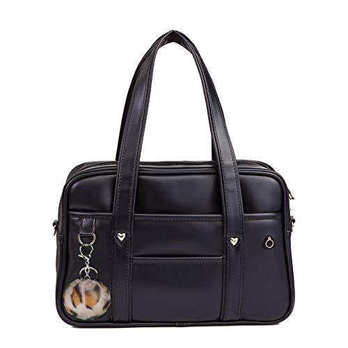 Large Japanese School Bag,Faux Leather Tote Bag with Pink Leopard Pompom (A4 Medium Size, Black)