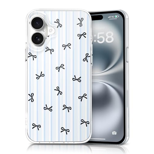Coque iPhone 16 fine et rigide en polycarbonate à rayures ciel et motif nœud