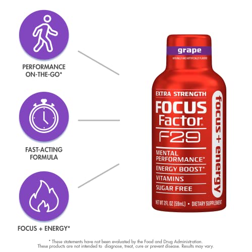 Focus Factor F29 Focus + Energy Shot – Extra Strength, Pack Of 6 – Grape Flavor – Sugar Free Energy Supplement, 5 Calories Per Shot - Brain Support With Ginkgo Biloba, Bacopa Monnieri, Purple #TOP3