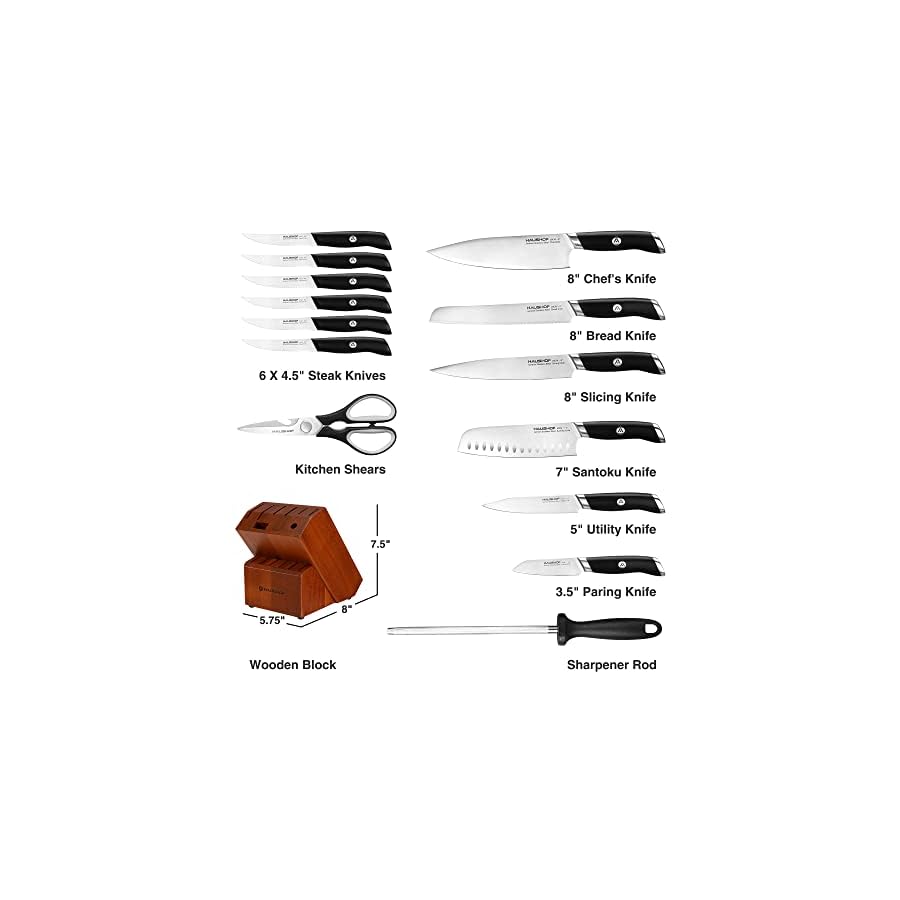 HAUSHOF Kitchen Knife Set with Block, 15 Pieces Stainless Steel Knife Sets with Sharpener Rod, Ultra Sharp, Ergonomic Handle, Resists Rusting, Gifts Knife Set for Dad, Mom, Husband and Wife