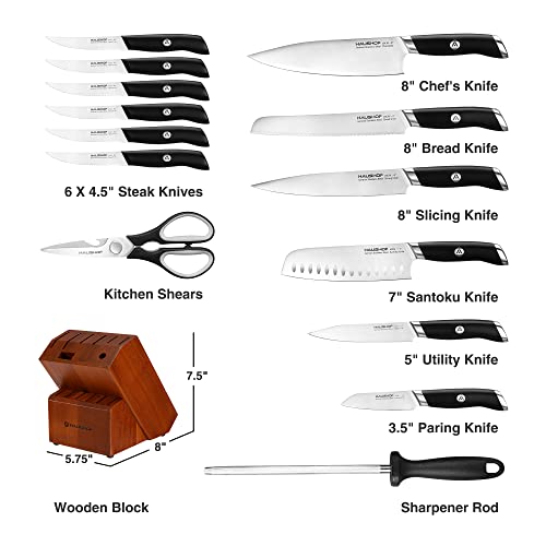 HAUSHOF Kitchen Knife Set with Block, 15 Pieces Stainless Steel Knife