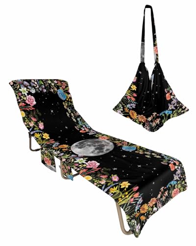 Botanical Herb Beach Chair Towel Covers for Chaise Lounge with Side Pocket, Soft Plush Pool Towels Cover for Patio Sunbathing Outdoor 29''x85'' Spring Floral Wildflower Moon Star Black