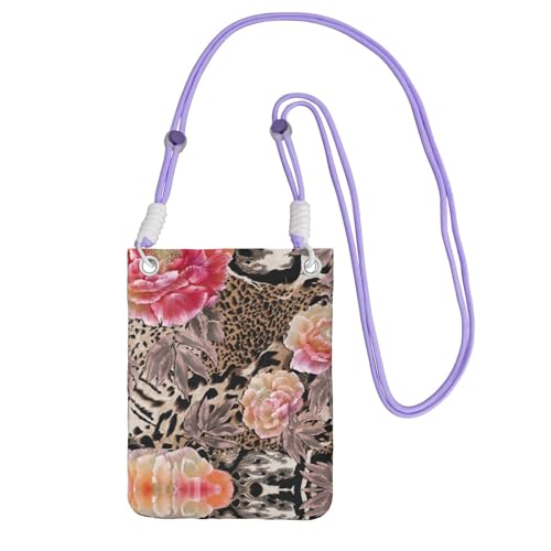 Hhwwtye ピンクフラワー ヒョウ柄 ユニバーサル クロスボディ 携帯電話 パース パック バッグ アウトドア スポーツ Moblie Phone キャリーケース用, パープル, One Size