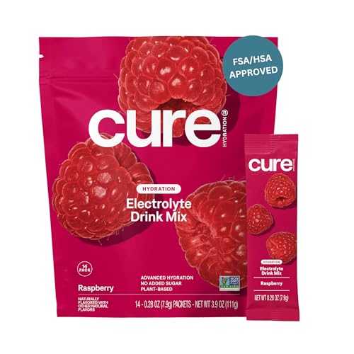 Image of Cure Hydration | Plant-Based Electrolyte Drink Mix | No Added Sugar | Dehydration Relief Powder Made with Coconut Water | Non-GMO | Vegan | Pouch of 14 Packets - Raspberry