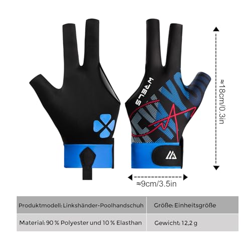 WRELS Professioneller, Rutschfester Billard Handschuh für die Llinke Hand, 3 Finger, Verstellbar, für Damen und Herren