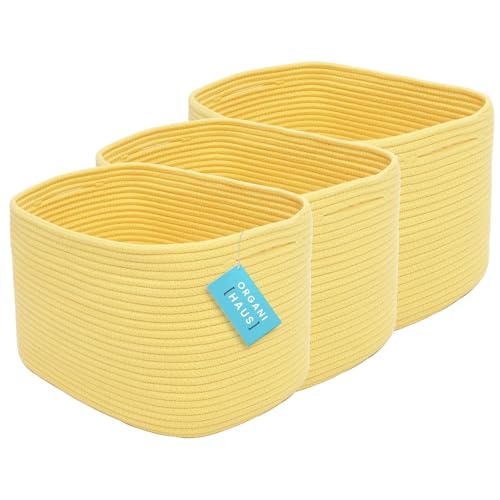 Image of OrganiHaus Set of 3 Woven Baskets for Storage, Cotton Rope Basket for Decor, Shoe Basket Organizers & Storage, Decorative Storage Baskets & Bins, Cute Storage Basket for Toys & Cloths, Yellow