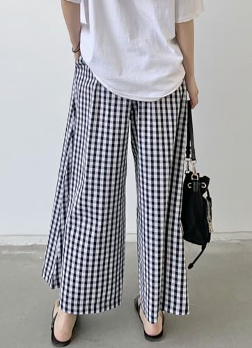 Women's High Waist Plaid Print Cropped Pant Gingham Wide Leg Palazzo Culotte Pants with Drawstring3