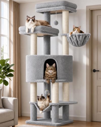 Image of Globlazer Tall Cat Tree Tower for Large Adult Cats, Multi-Level Large 65 Inch Cat Scratching Tower with Hammock, 6 Scratching Posts, Basket and 2 Perches for Indoor Multiple Cats, F65D, Light Grey
