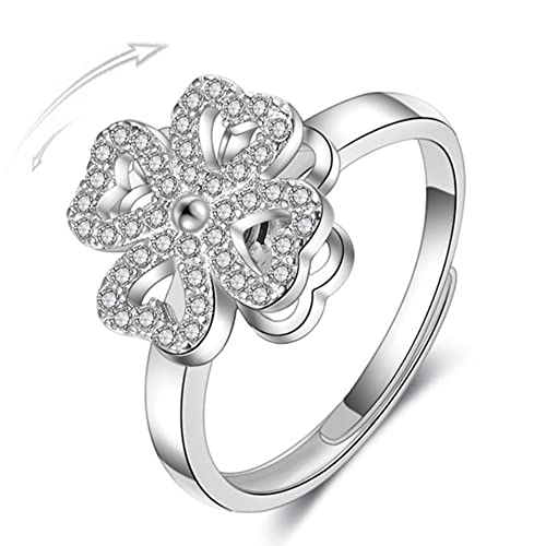 Four-Leaf Clover Spinner Rings Anxiety Fidget Ring for Anxiety Sterling Silver Plated Cubic Zirconia Flower Ring Relieving Stress Open Stacking Finger Calming Gifts Birthday Daughter Fashion Promise Engagement Statement Jewelry St Patrick's Day