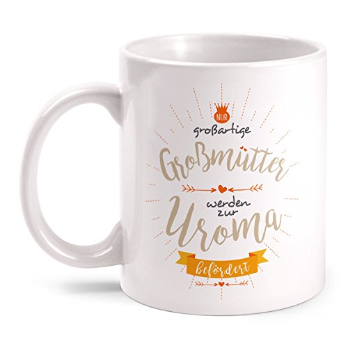 Fashionalarm Tasse Gro&szlig;m&uuml;tter werden zur Uroma bef&ouml;rdert beidseitig bedruckt mit Spruch | Geburtstag Geschenk Idee Oma Geburt Baby Urenkelkind, Farbe:wei&szlig;