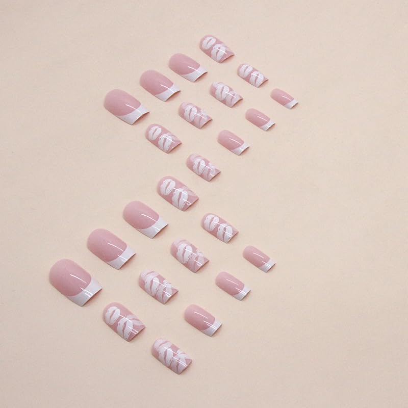 Miniatura 4 de Uñas postizas rosas para el día de San Valentín, uñas cuadradas medianas a presión para mujeres y niñas con diseños de besos, uñas de punta