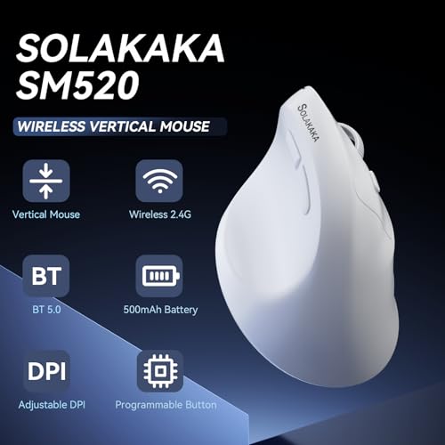 SOLAKAKA SM520 Ergonomic Mouse with 24000 DPI, Vertical Mouse with Programmable Side Button, Wireless Mouse with Tri-Mode Connection - BT5.0/USB-C/2.4GHz, for Desktop, PC, Laptop (White) - Image 3