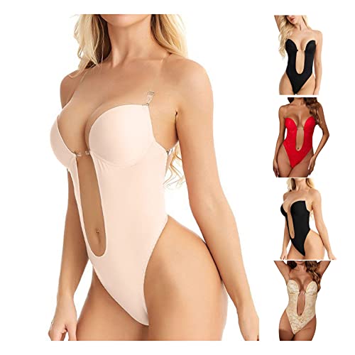 NerYuo Damen BH RüCkenfreie Body Tiefen RüCkenausschnitt, Shapewear Formende Bodys Bodysuit mit Haken Shaping Unterwäsche Rückenfreier BH Tiefer V Ausschnitt, Unsichtbar Push up BHS (Beige1, M) Cover