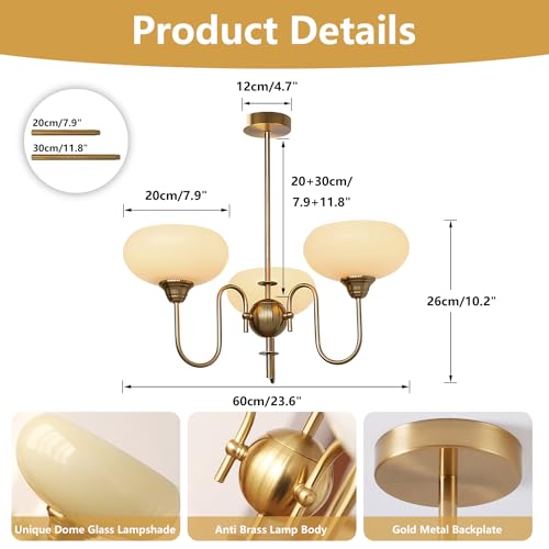 BOKT Modern Gold Globe Chandelier Light Fixture Mid Century 3-Lights Large Glass Sputnik Chandelier Pendant Light Anti Brass Sputnik Flush Mount Ceiling Light Vintage Kitchen Dining Light by BOKT - Image 2