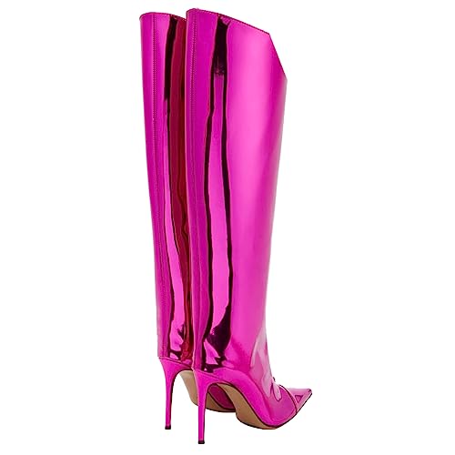 Image of Arqa Knee High Boots for Women Wide Calf 4 in Stiletto High Heel Metallic Boots Winter Chrome Zipper Long Boots Dressy Party Shoes