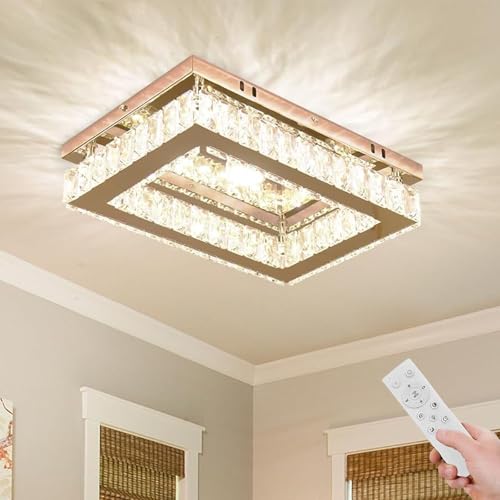 Jenvkoil Modern Crystal LED Ceiling Light Rectangular Dimmable Flush Mount Ceiling Light Fixture Small Chandelier Lamp with Remote for Living Room Bedroom Dining Room