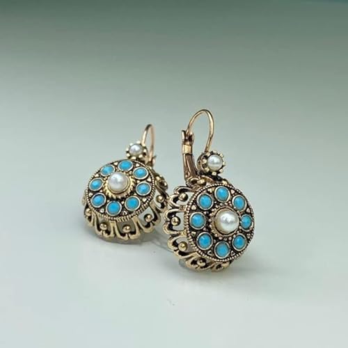 Turquoise Stone Bronze Material Flowery Blue Earrings, Drop Dangle Earring For Women & Girls, Leverback Hoop Earrings, #TOP3