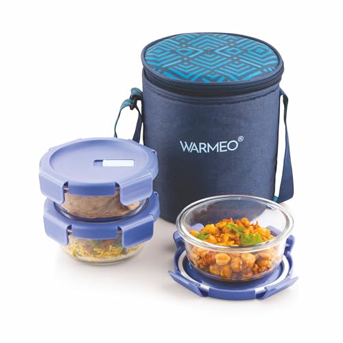 Image of WARMEO BOROFRESH 3 pc Round Borosilicate Glass Container (400 ml Each) | Leakproof, Microwave & Dishwasher Safe Lunch Box with Bag for Office, College & School