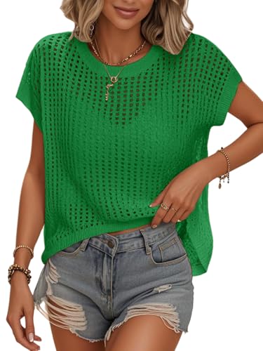 Image of Womens Summer Crochet Tops Hollow Out Cap Sleeve Cover Up Tank Top Pullover Sweater Vest Beach Vacation Clothes