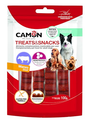 Camon Treats & Snacks, Barrette Monoproteiche di Manzo per Cani, 100g