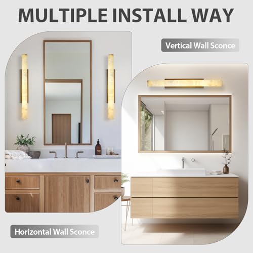 Image of Brass Alabaster Wall Sconces, Spanish Natural Marble Wall Sconce, 36 inch Long Stone Wall Sconce Dimmable, Gold Alabaster Sconces Wall Lighting Indoor, Marble Wall Light for Bathroom, Living Room, 1PC