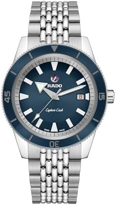 Rado Men's Captain Cook 42 mm Automatic Diving Watch with Stainless Steel Strap, Silver-Tone, 20 (Model: R32505203), Blue, Blue, 5 inches, Diver