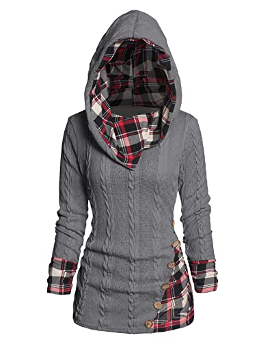 Image of ZEZCLO Women's Twisted Cable Knit Plaid Print Hooded Sweater Mock Button Ruched Shawl Neck Knit Top
