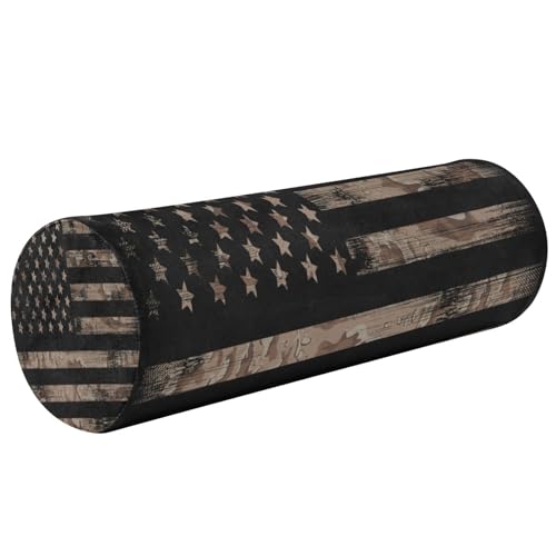 Gredecor American Flag Desert Camouflage Cylinder Round Pillow for Neck Pain Relief, Soft Breathable Bolster Travel Memory Foam Pillow with Washable Cover for Bed Sleeping, Head, Legs and Back