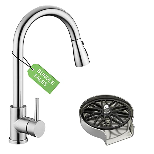 Kitchen Sink Faucet, Kitchen Faucet Stainless Steel With Pull Down Sprayer Brushed Nickel Commercial Modern High Arc Single Handle Single Hole Pull Out Kitchen Faucets With Glass Rinser #TOP18