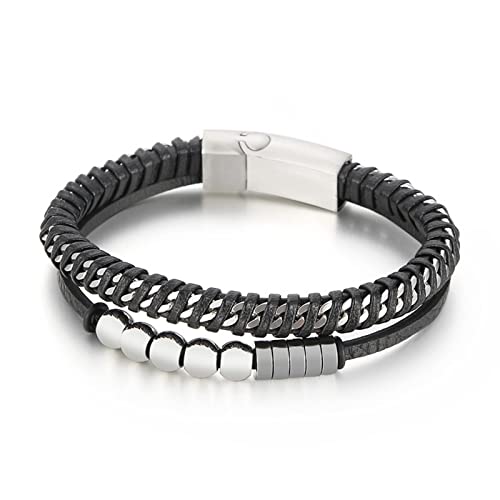 Bracelet punk fantaisie KnSam cuir double rang et perles acier 23cm