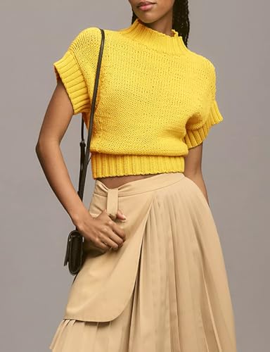 Image of Womens Mock Neck Cap Sleeve Sweater Vest Casual Solid Cropped Tank Tops Pullover Sweaters