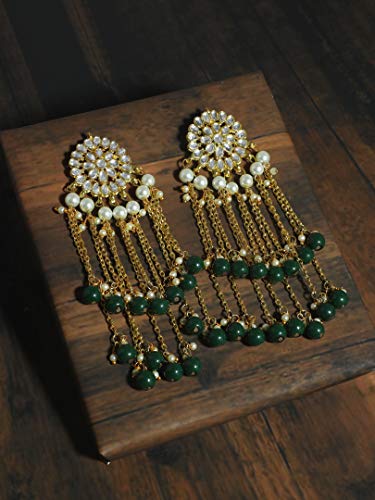 Image of Karatcart Kundan Tassel Earrings for Women (Pink and Green Beads)