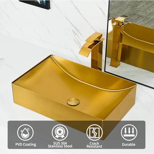 Spoonlemon Bathroom Sink, 21.7 Inch X 13.8 "X 5.1 Inch Stainless Steel Vessel Sink For Bathrooms, Countertop Vessel Sink Vanity With Pop-Up Drain Stopper, Pvd Coating Bathroom Vessel Sinks, Gold thumb #2