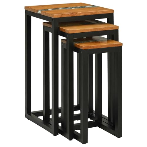 vidaXL Mesa de anidación de 3 piezas marrón de madera de teca maciza, sala de estar moderna, mesas rectangulares, hoja de teca, acento compacto, decoración del hogar, patas de acero