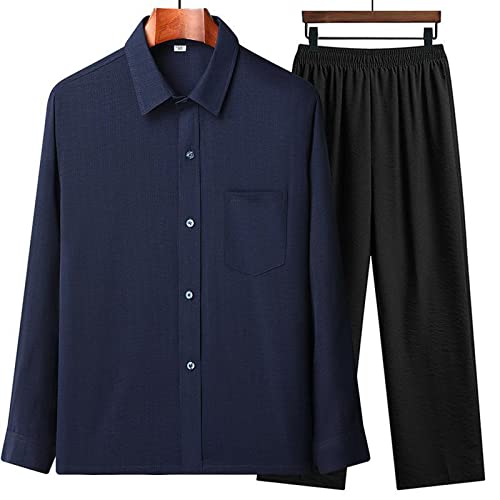 Mens Tang Suit Short Sleeved Cropped Sleeve Suit Cotton And Loose T Shirt Casual Two Piece Suit Men Men Prom Tuxedo Suit Blue #TOP2