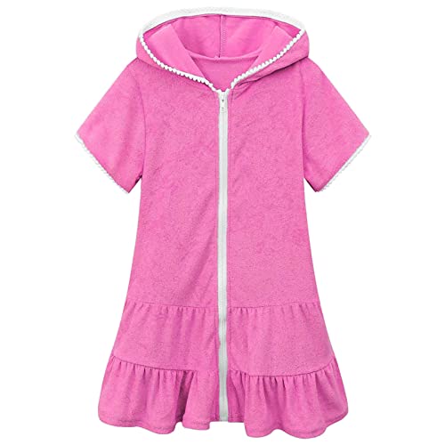 Mujer Verano Niñas Nadar Cubrir Niños Traje de Baño con Cremallera Traje de Baño de Playa con Capucha Albornoz Absorbente Toalla de Playa Vestido Y Top Conjunto Niñas, Rosa intenso., 6-7 Años
