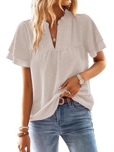 TUUHAW Top Damen Sommer Boho Bluse Kurzarm Oberteile Fließend Elegant V-Ausschnitt T Shirt Lässig Outfits Spitze Kleidung