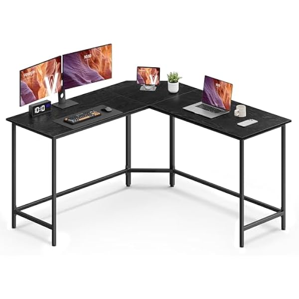 VASAGLE Biurko, biurko komputerowe w kształcie litery L, 140 x 140 x 76 cm, biurko narożne, oszczędność miejsca, stolik biurowy, do gier, domowego biura, prosty montaż, hebanowo-czarny tusz